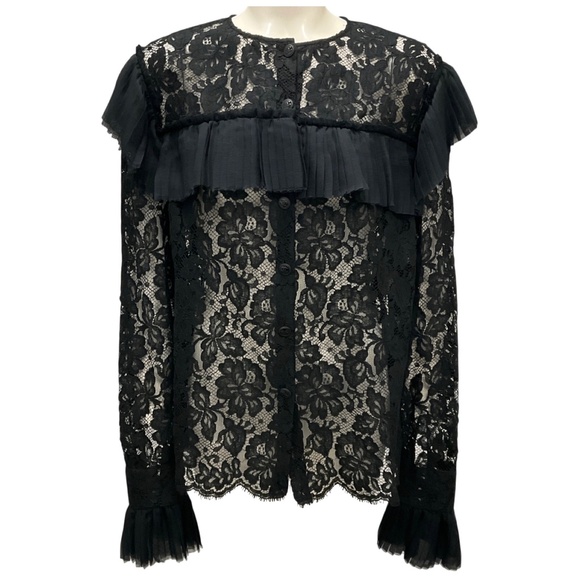 CHANEL BLACK PLEATED DETAIL LONG SLEEVED LACE BLOUSE - Picture 1 of 5